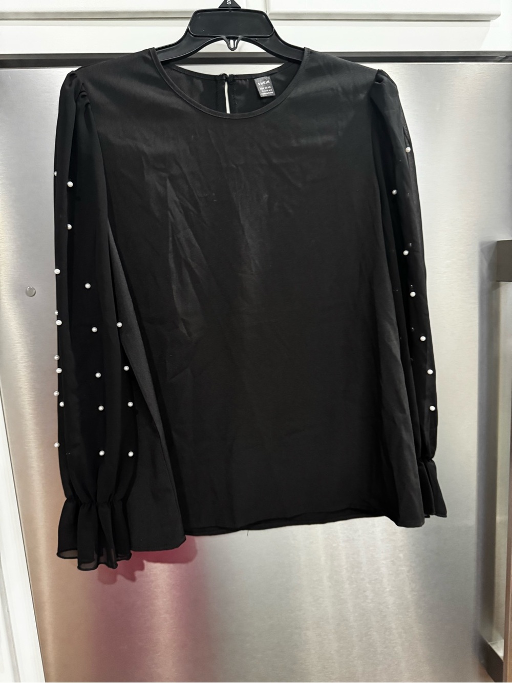 SHEIN Black Pearl Accent Sheer Sleeve Blouse